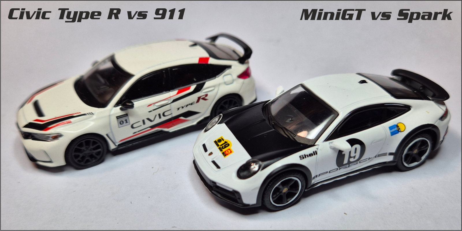 MiniGT Honda Civic Type R vs Spark Porsche 911