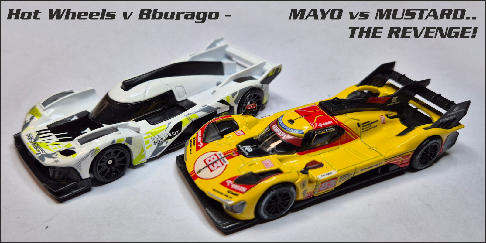 Hot Wheels Mainline - Peugeot 9x8 vs Bburago - Ferrari 499P - Mayo vs Mustard!